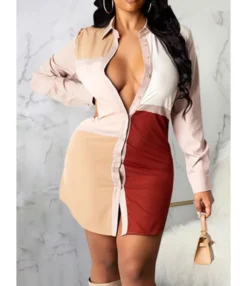 Long Sleeve Color-block Tight Waist Shirt Dress 210810400 -Dress Sales Store 210810400 2