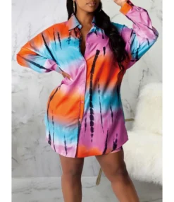 Shirt Short Dress Colorblock Single Button 210810893