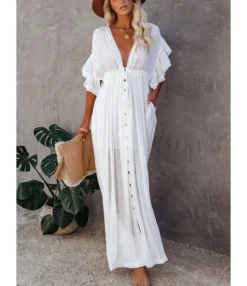 Deep V-neck Bohemian Style Drawstring Waist Maxi Dress Tunic Wholesale Dresses 210817217 -Dress Sales Store 210817217 2