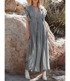 Deep V-neck Bohemian Style Drawstring Waist Maxi Dress Tunic Wholesale Dresses 210817217 -Dress Sales Store 210817217 4