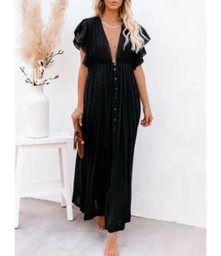 Deep V-neck Bohemian Style Drawstring Waist Maxi Dress Tunic Wholesale Dresses 210817217 -Dress Sales Store 210817217 5
