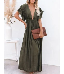 Deep V-neck Bohemian Style Drawstring Waist Maxi Dress Tunic Wholesale Dresses 210817217 -Dress Sales Store 210817217 6