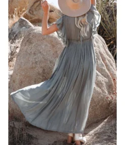 Deep V-neck Bohemian Style Drawstring Waist Maxi Dress Tunic Wholesale Dresses 210817217 -Dress Sales Store 210817217 9