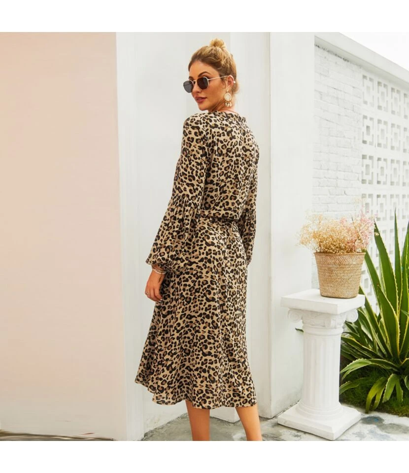 Fashion V Neck Leopard Print Midi Dress High Waist Long Sleeve Slim Wholesale Dresses SDN560438 4 Fashion V Neck Leopard Print Midi Dress High Waist Long Sleeve Slim Wholesale Dresses SDN560438 - Image 4
