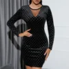 Women Mesh Sheer Long Sleeve Velvet Wholesale Bodycon Dresses SD580279