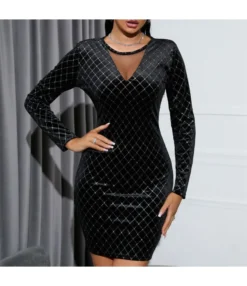 Women Mesh Sheer Long Sleeve Velvet Wholesale Bodycon Dresses SD580279
