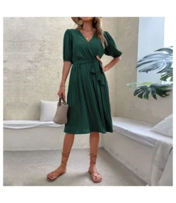 Tie-Up V Neck Green Pleated Dress Wholesale Dresse SDN538885 -Dress Sales Store 25523108 d892 401c 9188 49adea6db90d ba19f0a140945f9f2f4ded3ceca75360