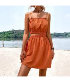 Women Spaghetti Strap Sleeveless Plain Color Hollow Out Elastic Waist Wholesale A Line Dresses SDN580803