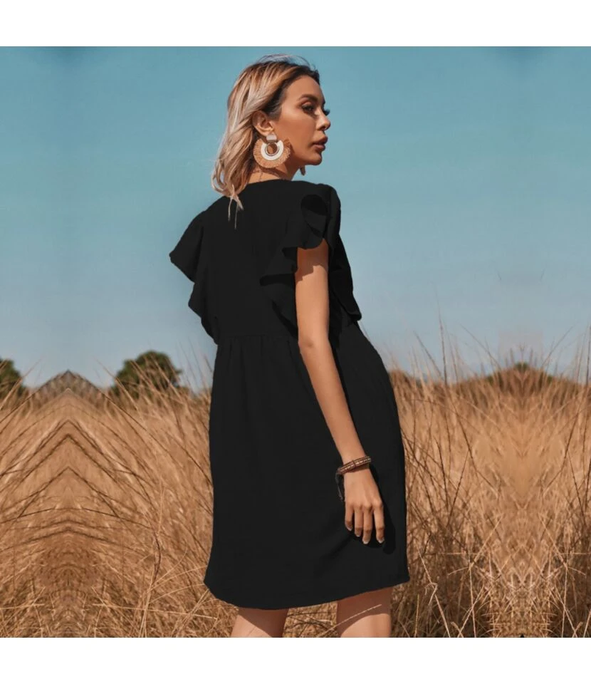 Plain Color Ruffle Sleeve V Neck High Waist Wholesale Swing Dresses SD204556 3 Plain Color Ruffle Sleeve V Neck High Waist Wholesale Swing Dresses SD204556 - Image 3