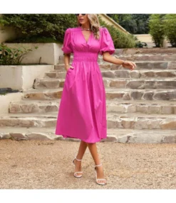 Temperament Short-Sleeved V-Neck Waist-Skimming Solid Color Long Dress Wholesale Dresses V5923041200030