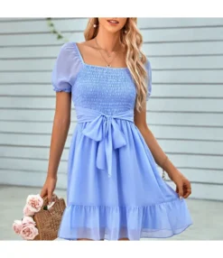 Solid Color V-Neck Waist Short-Sleeve Casual Ruffled Dress Wholesale Dresses SDN537952