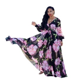 Floral Printed V Neck Chiffon Lantern Sleeve Lace-Up Swing Dress Vacation Casual Wholesale Maxi Dresses SD55498 -Dress Sales Store 298b1840 438f 4006 878a cc7ca408a736 030292a64ba5fa4afa050bbba0755aee