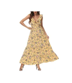 Sexy V-Neck Frill Sleeve Vacation Floral Dress Wholesale Maxi Dresses SDN535206