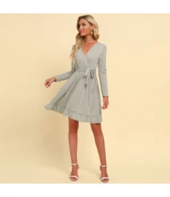 Women Plain Color Long Sleeve V Neck Tie Waist Wholesale Swing Dresses SDN580521
