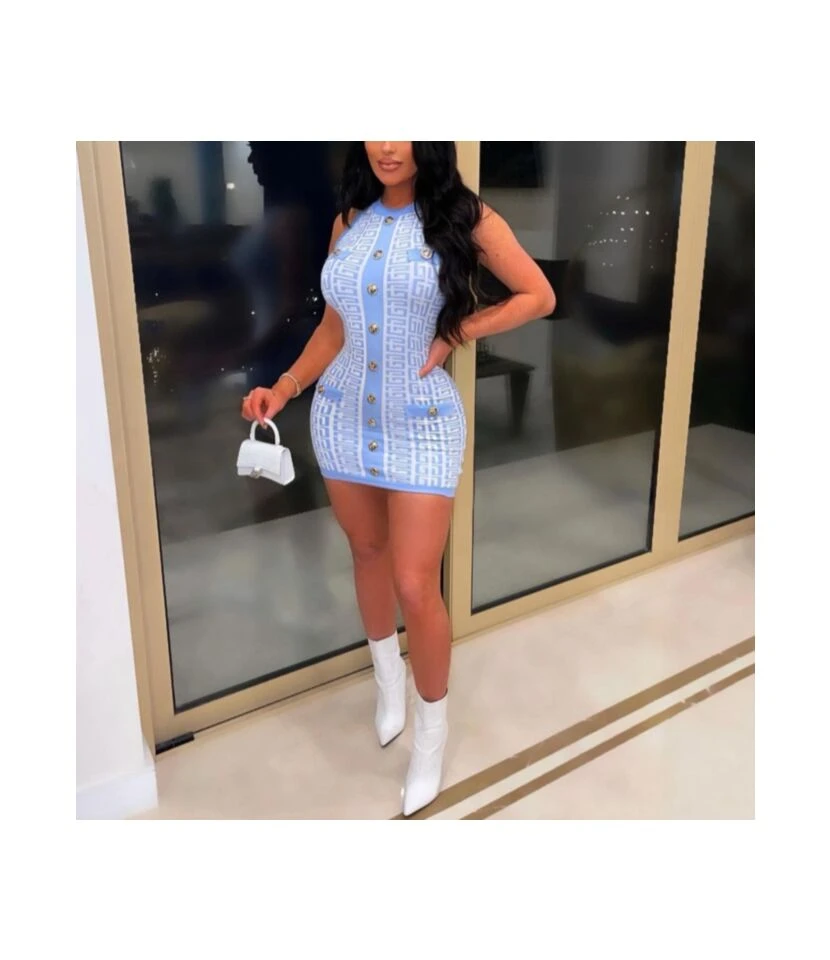 Geometric Print Knit Button Design Close Fitting Wholesale Dresses Bodycon Style Sleeveless SD203920 1 Geometric Print Knit Button Design Close Fitting Wholesale Dresses Bodycon Style Sleeveless SD203920