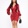 Satin Sexy Deep V Asymmetric Mini Dress Long Sleeve Solid Color Bodycon Wholesale Dresses SDN562361