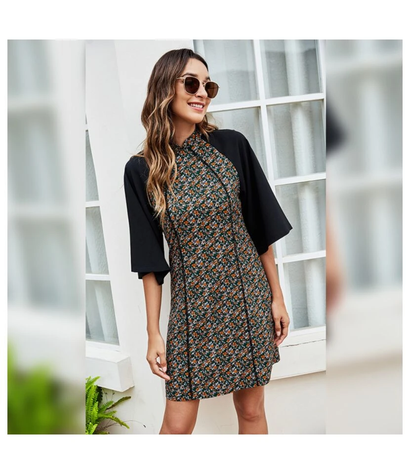 Floral Print Half Sleeve High Neck Elegant Wholesale A-line Dresses SD167372 3 Floral Print Half Sleeve High Neck Elegant Wholesale A-line Dresses SD167372 - Image 3