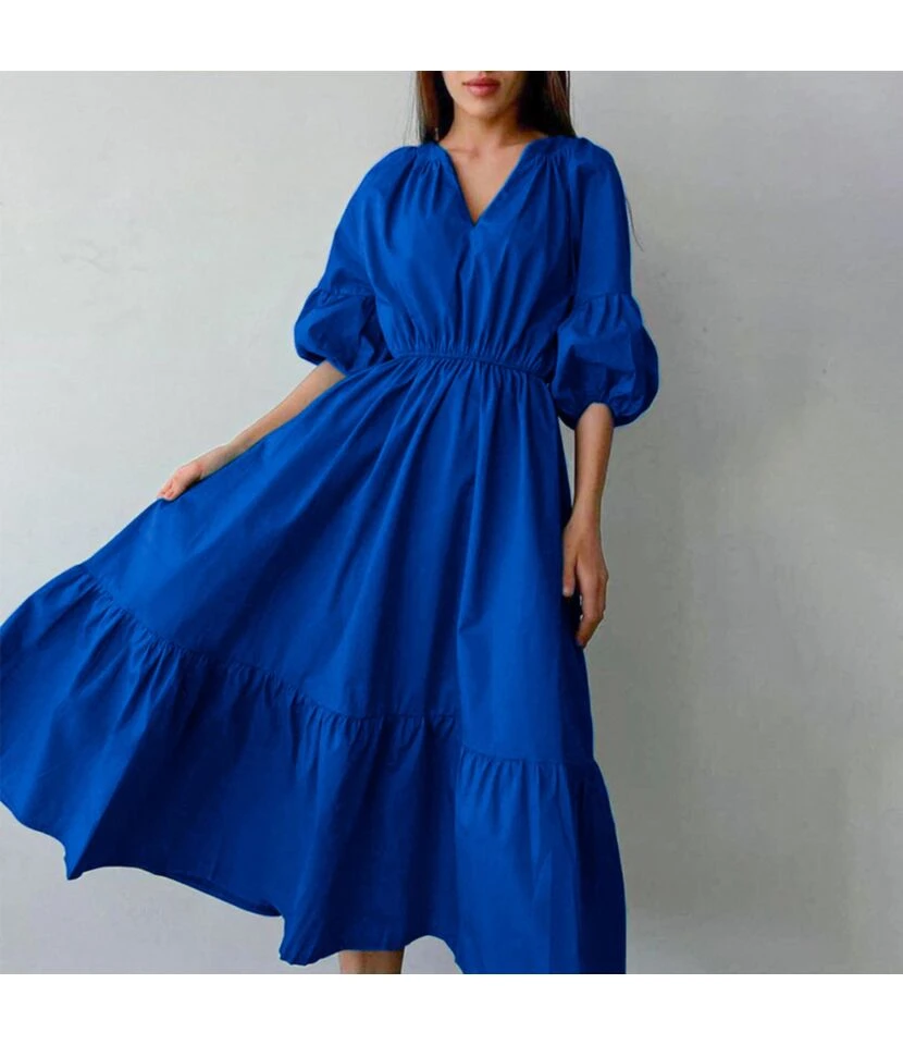 Klein Blue V Neck Puff Sleeve A-Line Dress High Waist Solid Color Midi Wholesale Dresses SDN560941 1 Klein Blue V Neck Puff Sleeve A-Line Dress High Waist Solid Color Midi Wholesale Dresses SDN560941