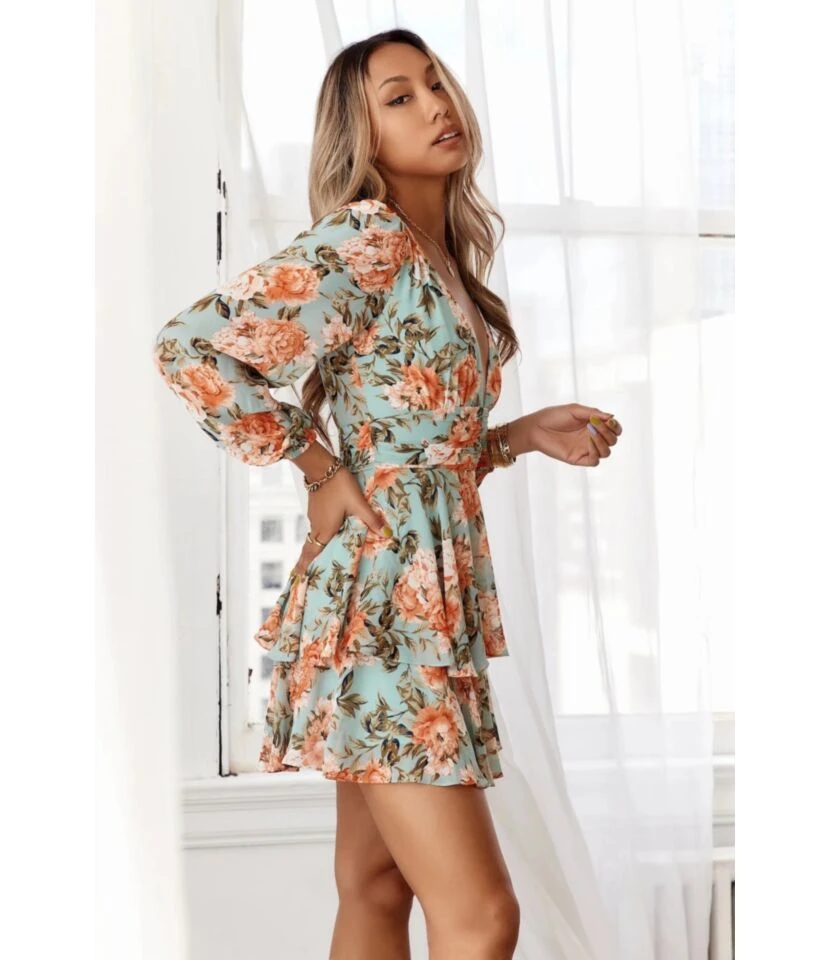 Floral Print Deep-V Lantern Sleeve Open Back High Waist Double Ruffle Dress Chic Wholesale Dresses SDN533019 5 Floral Print Deep-V Lantern Sleeve Open Back High Waist Double Ruffle Dress Chic Wholesale Dresses SDN533019 - Image 5