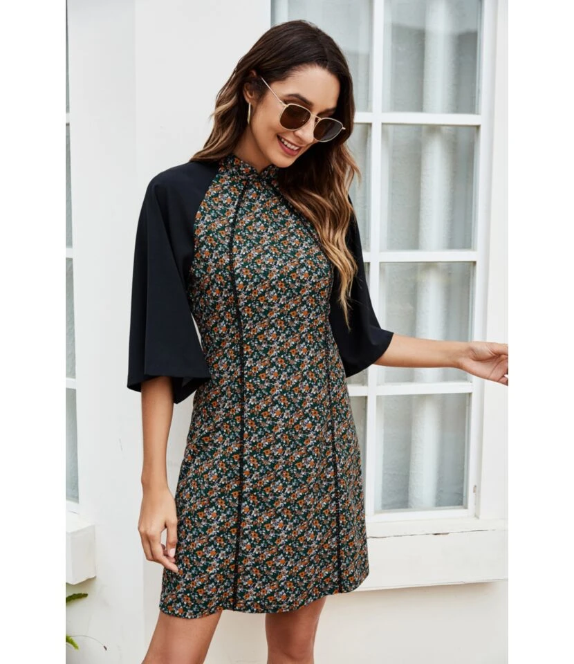 Floral Print Half Sleeve High Neck Elegant Wholesale A-line Dresses SD167372 4 Floral Print Half Sleeve High Neck Elegant Wholesale A-line Dresses SD167372 - Image 4