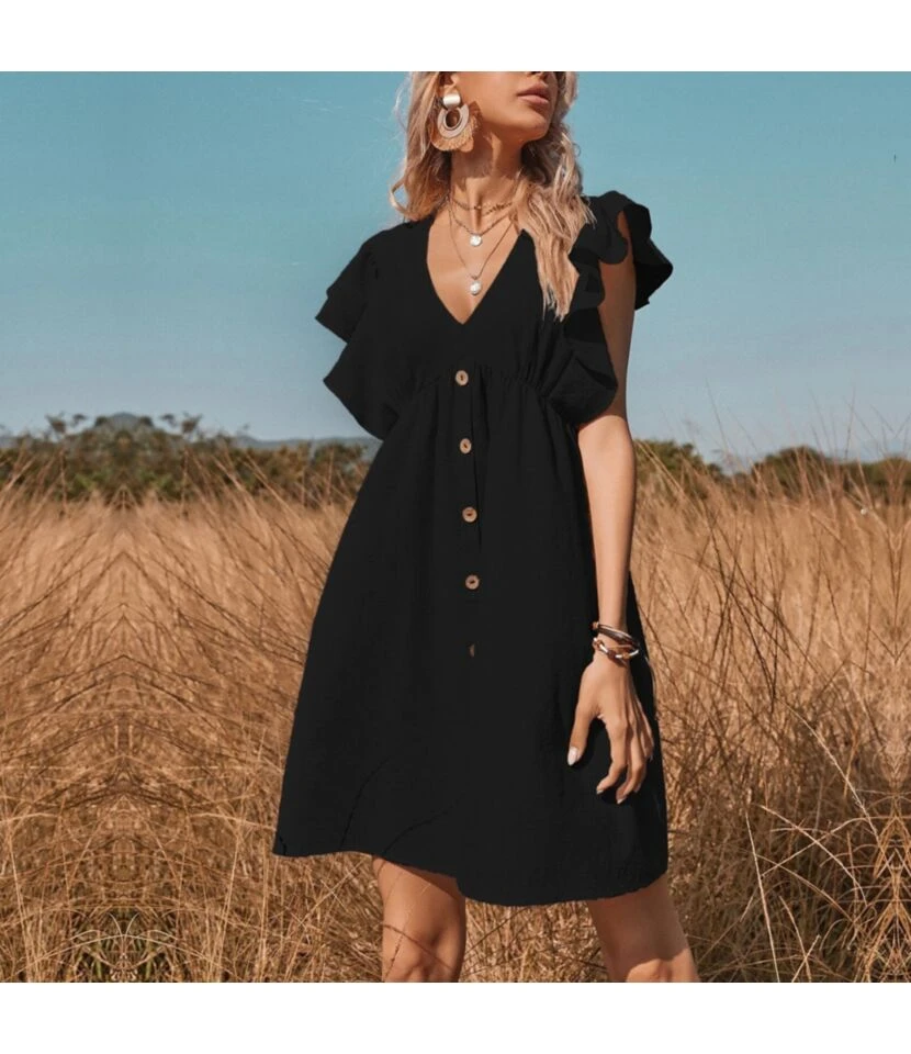 Plain Color Ruffle Sleeve V Neck High Waist Wholesale Swing Dresses SD204556 1 Plain Color Ruffle Sleeve V Neck High Waist Wholesale Swing Dresses SD204556