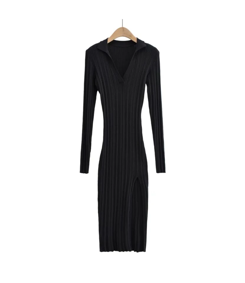 Bodycon Slit Full Sleeve Solid Ribbed Midi Dress SD080009 3 Bodycon Slit Full Sleeve Solid Ribbed Midi Dress SD080009 - Image 3