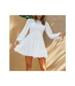 Lantern Long Sleeve Elastic Bust Ruffle Collar Swing Dress Wholesale Dresses SDN535637