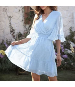 Fashion Elegant Solid Color Chiffon Flocking Ruffles Swing Dress Lotus Leaf Sleeve Wholesale Dresses SD204668