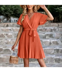 Fashion Solid Color V-Neck Tie-Up Waist Pleated Dress Wholesale Dresses SDN539989