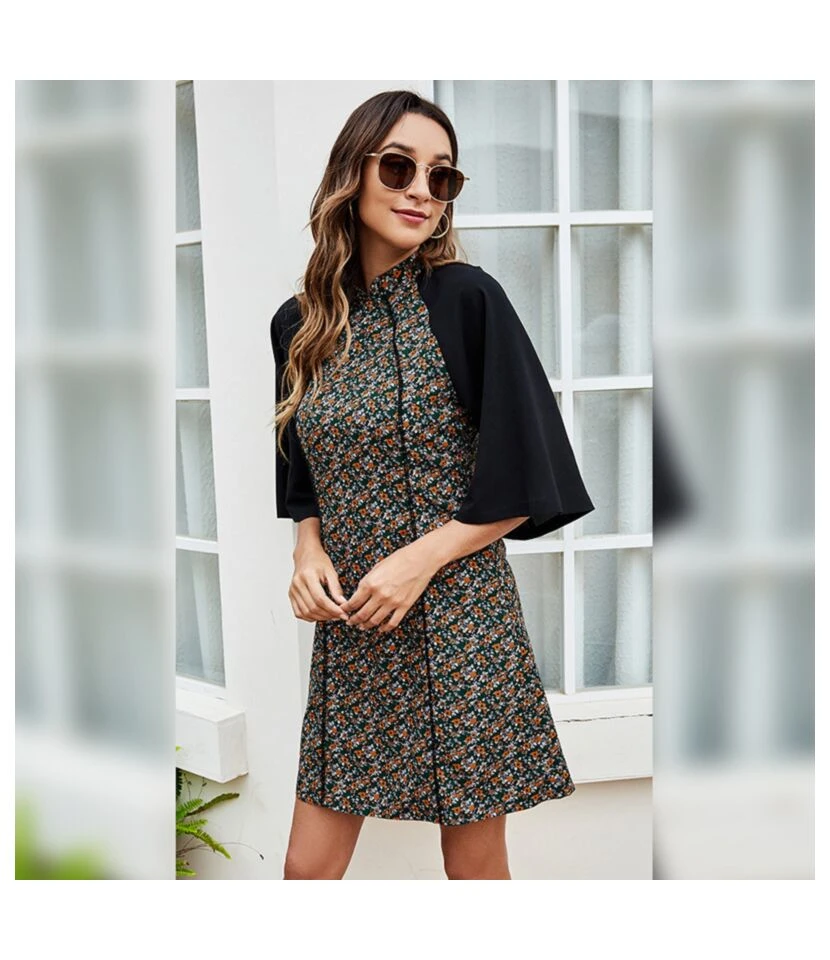 Floral Print Half Sleeve High Neck Elegant Wholesale A-line Dresses SD167372 1 Floral Print Half Sleeve High Neck Elegant Wholesale A-line Dresses SD167372