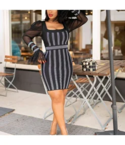 Stripe Mesh Puff Sleeve Low-Cut Rhinestone Design Dress SD030553 -Dress Sales Store 4b14abf7 0d76 4dbb aab7 14b3e6e51d68 469CF57D0B81A85F3D02463FCE456169