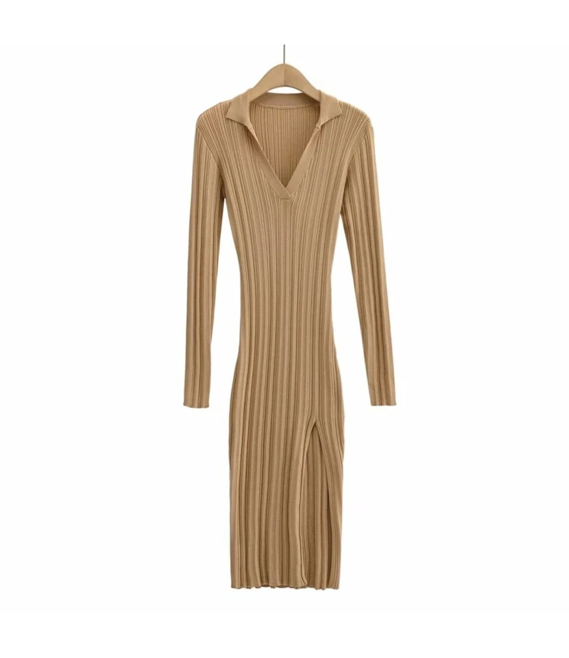 Bodycon Slit Full Sleeve Solid Ribbed Midi Dress SD080009 2 Bodycon Slit Full Sleeve Solid Ribbed Midi Dress SD080009 - Image 2