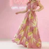 Printed Ruffled Frill Sleeve Deep-V Lace-Up Smocked Dress Vacation Wholesale Maxi Dresses SDN532985