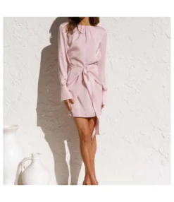 Solid Color Ruched Knot Neck Long Sleeve Fashion A-Line Satin Dress Wholesale Shirt Dresses SDN532595