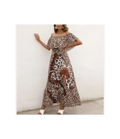 Leopard & Floral Printed Off Shoulder Ruffled Wide Lapel Resort Dress Wholesale Maxi Dresses SDN533198