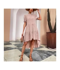 Solid Color Puff Sleeve High Neck Irregular Wholesale Pleated Dresses SD203687
