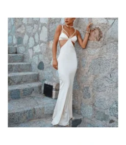 Solid Color Sling Sexy Hollow Waist Low-Cut Backless Evening Satin Dress Wholesale Maxi Dresses SDN533519