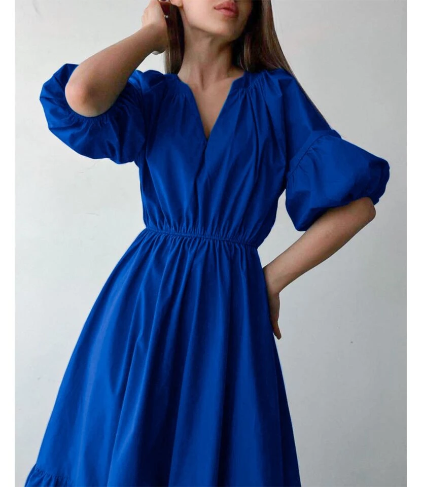 Klein Blue V Neck Puff Sleeve A-Line Dress High Waist Solid Color Midi Wholesale Dresses SDN560941 3 Klein Blue V Neck Puff Sleeve A-Line Dress High Waist Solid Color Midi Wholesale Dresses SDN560941 - Image 3