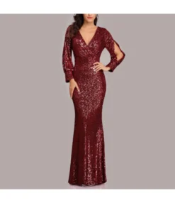 V-Neck Hollow Long Sleeve Slim Sequin Prom Evening Dress Wholesale Maxi Dresses SDN535239