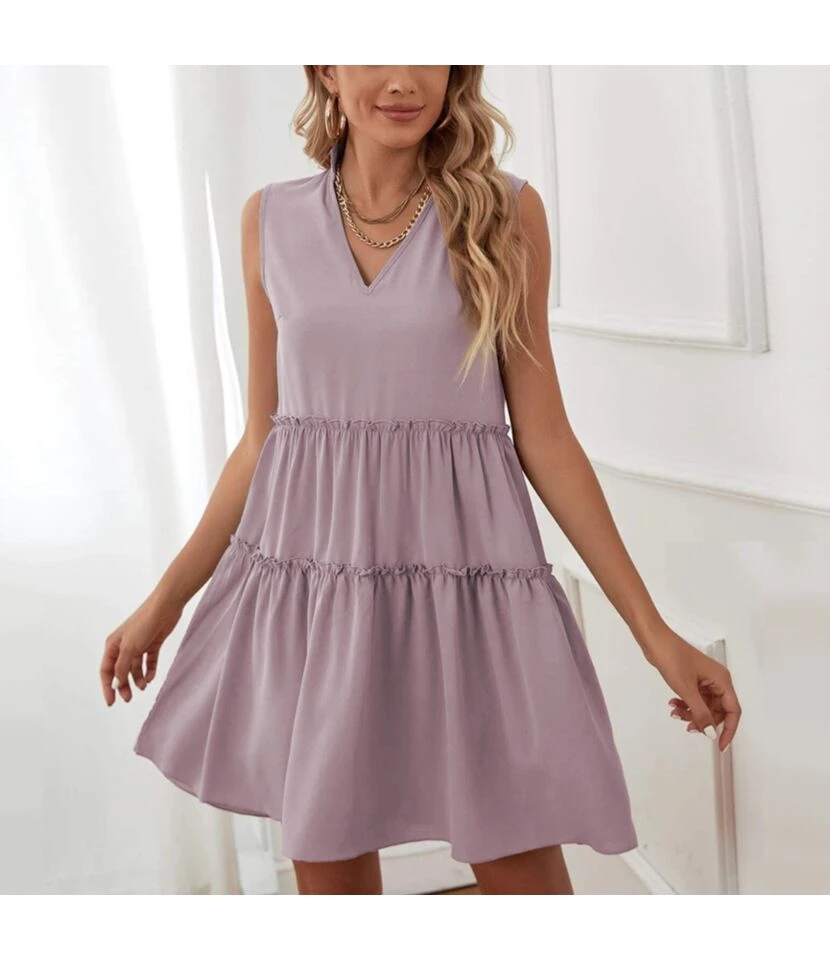 Plain Color Sleeveless V Neck Wholesale Ruffle Dresses SD204373 1 Plain Color Sleeveless V Neck Wholesale Ruffle Dresses SD204373