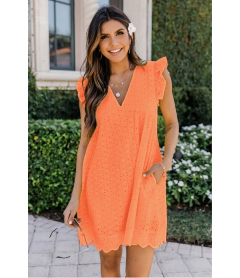 Solid Color Lace Hollow V Neck Frill Sleeve Loose Tank Dress With Pocket Casual Wholesale Dresses SDN532972 8 Solid Color Lace Hollow V Neck Frill Sleeve Loose Tank Dress With Pocket Casual Wholesale Dresses SDN532972 - Image 8