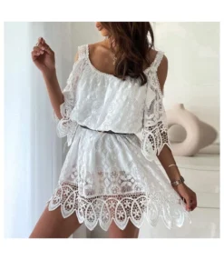 Sexy Off-Shoulder Sling Lace Mini Dress Hollow Lace-Up Solid Color Wholesale Dresses SDN561715
