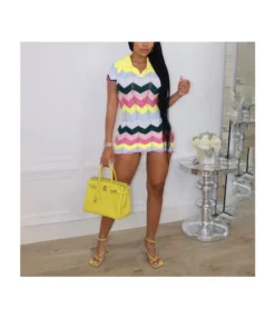 Wave Stripe Colorblock POLO Short-Sleeve Tight-Fitting Sexy Knit Dress Wholesale Dresses SDN538488