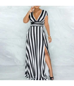 Fashion Striped Slit Design Wholesale Maxi Dresses Deep V Sexy Womens Clothing SD203474