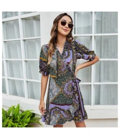 Vintage Floral Print Puff Sleeve V Neck Wholesale A-line Dresses SD167382