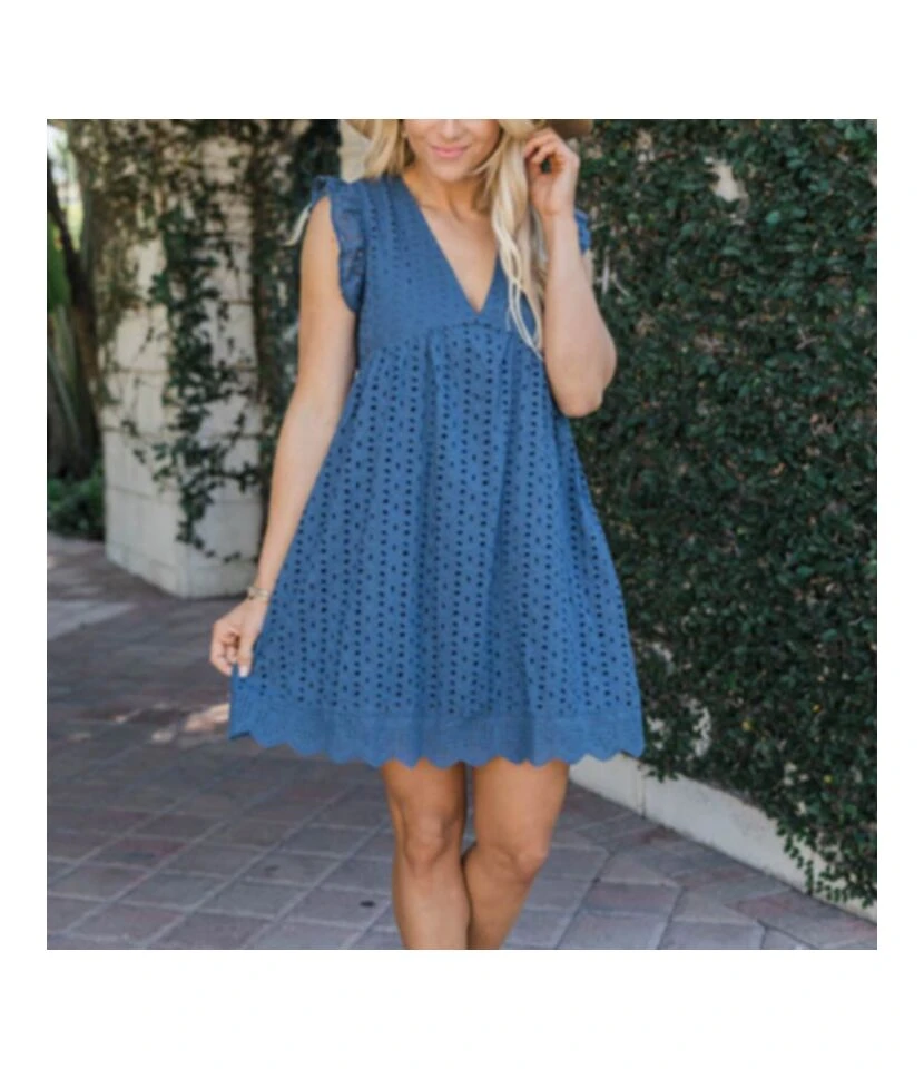 Solid Color Lace Hollow V Neck Frill Sleeve Loose Tank Dress With Pocket Casual Wholesale Dresses SDN532972 1 Solid Color Lace Hollow V Neck Frill Sleeve Loose Tank Dress With Pocket Casual Wholesale Dresses SDN532972