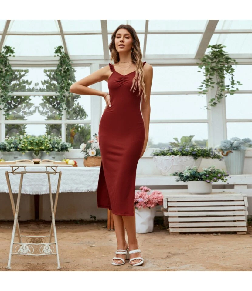 Women Plain Color Spaghetti Strap Sleeveless Side Slit Wholesale Bodycon Dresses SDN580796 6 Women Plain Color Spaghetti Strap Sleeveless Side Slit Wholesale Bodycon Dresses SDN580796 - Image 6