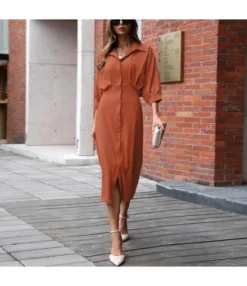 Solid Color Lapel Collar V Neck Button Wholesale Shirt Dresses SD204566