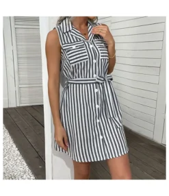 Women Striped Print Sleeveless Lapel Collar V Neck Button Wholesale Shirt Dresses SD580145