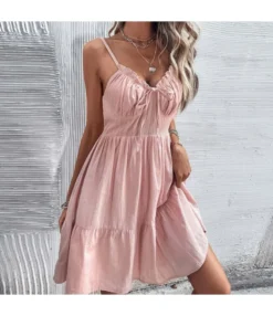 Women Plain Sleeveless Spaghetti Strap V Neck Pleated Wholesale Swing Dresses SD580171